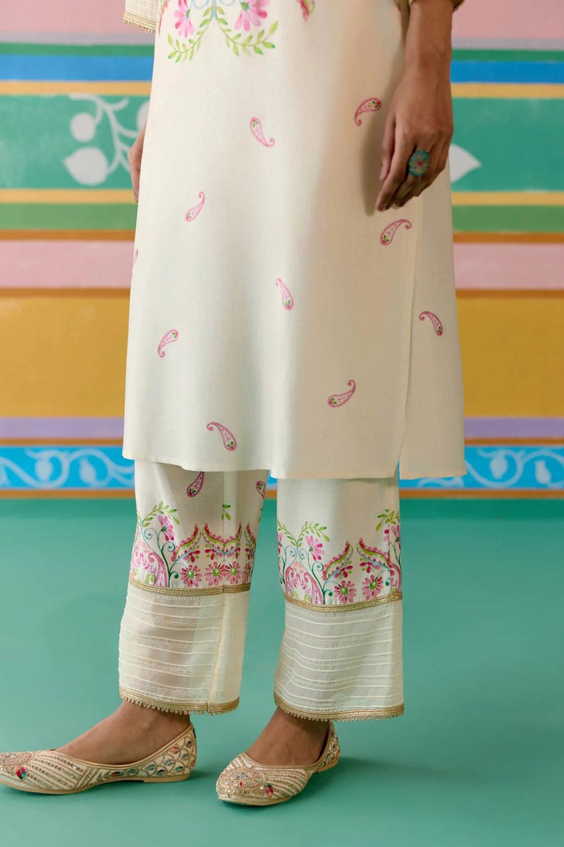 Lime Green Paisley V-neck Kurta Set chanderi by Label Mogra in green color for women Worldwide