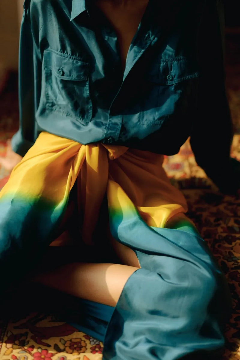 Lina Ombre Silk Sarong Set silk by Ituvana in teal color for women Worldwide