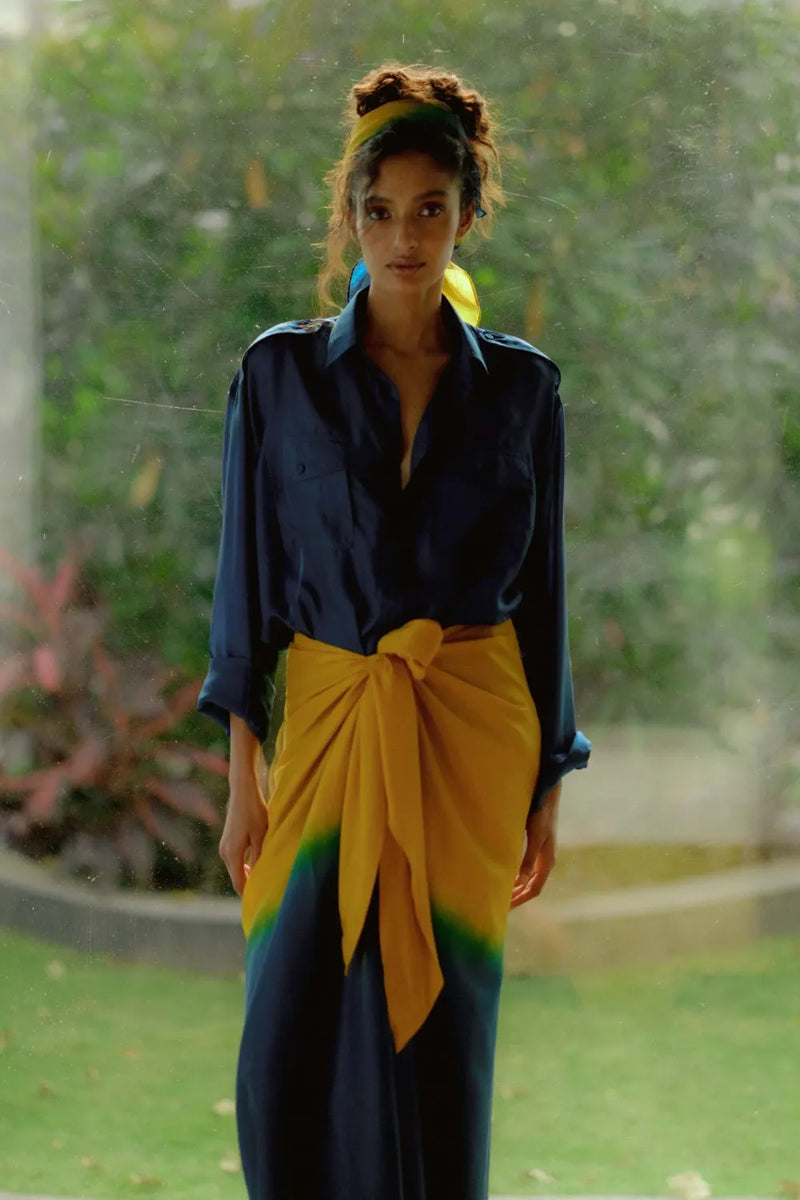 Lina Ombre Silk Sarong Set silk by Ituvana in teal color for women Worldwide