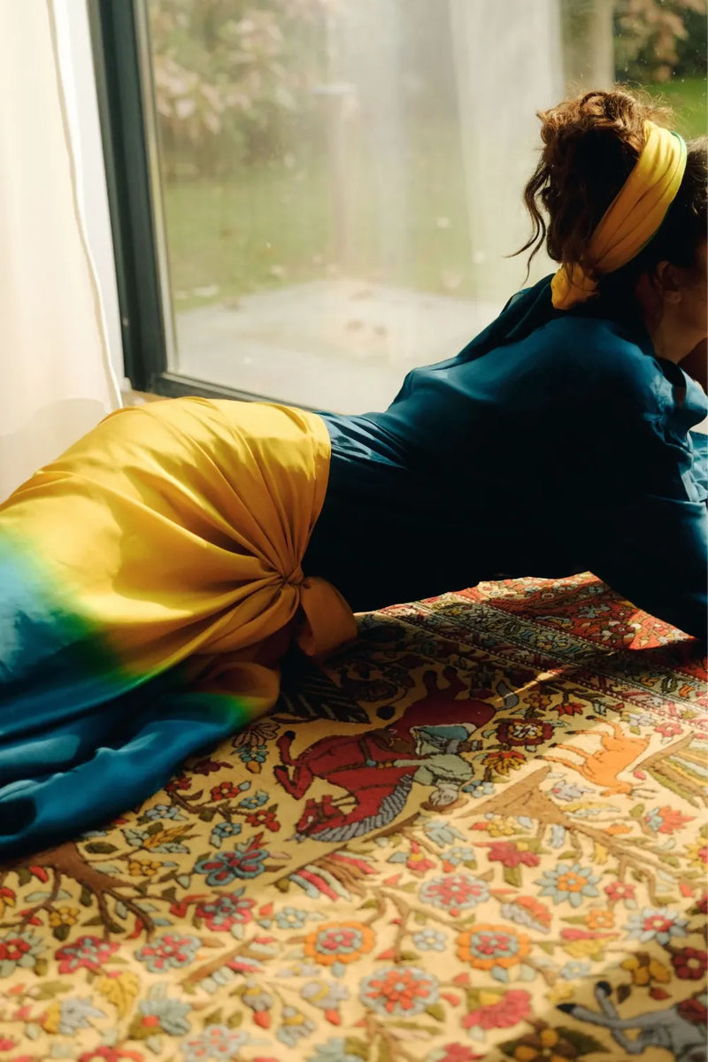 Lina Ombre Silk Sarong Set silk by Ituvana in teal color for women Worldwide