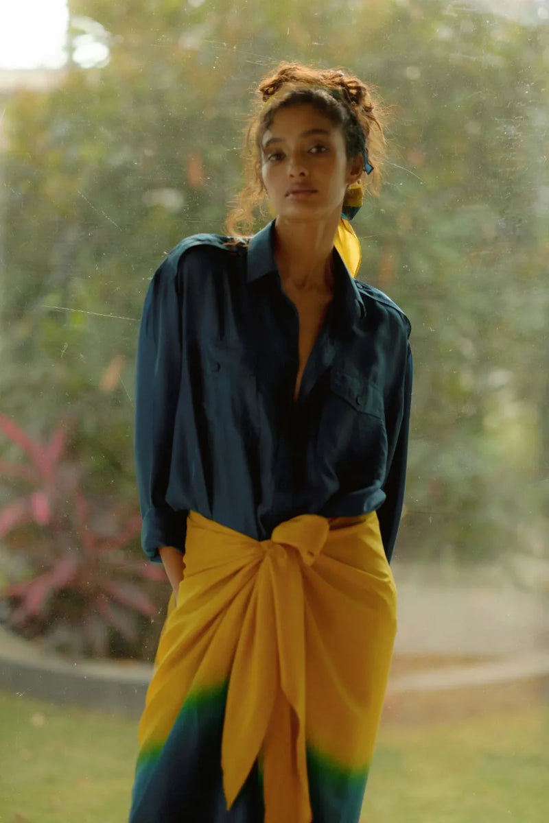 Lina Ombre Silk Sarong Set silk by Ituvana in teal color for women Worldwide