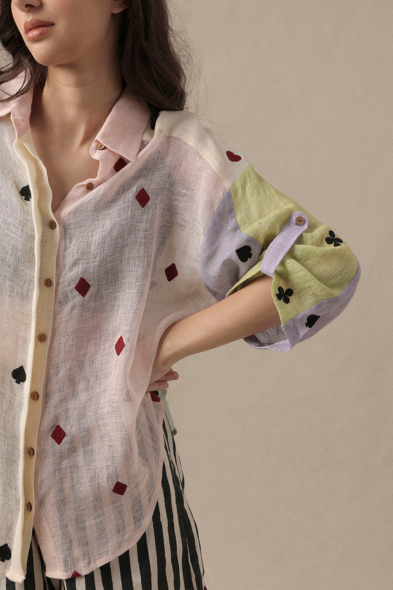 Linen Deck Shirt Set-2 PCS linen co-ord set by Mati in beige for women Worldwide