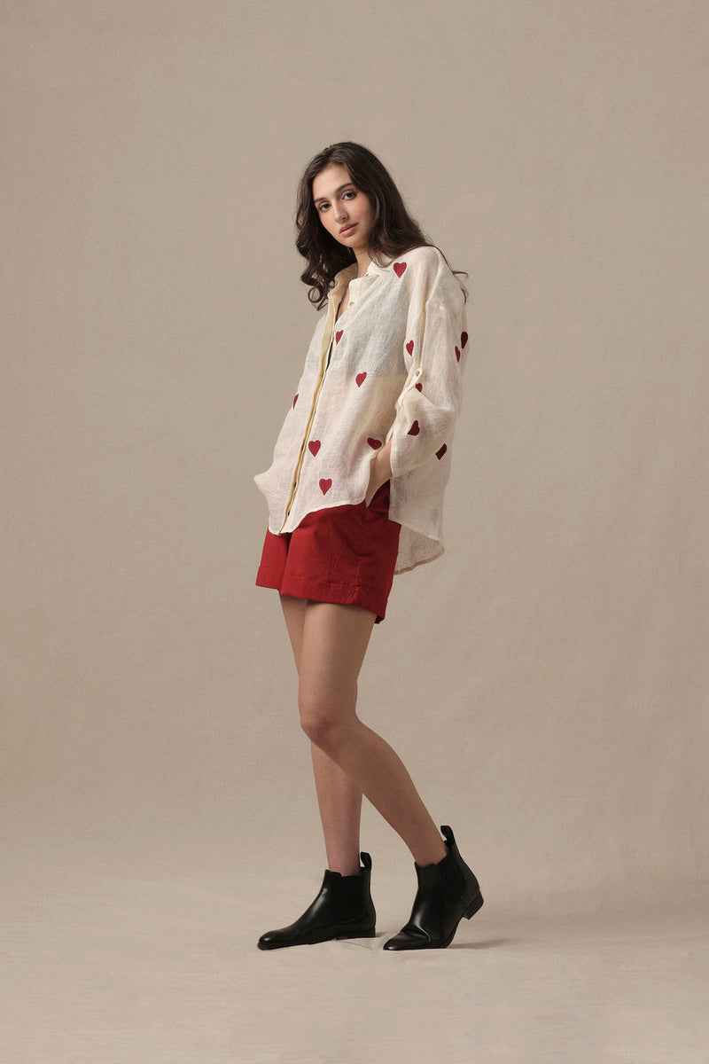 Linen Heart Shirt Set-2 PCS linen co-ord set by Mati in beige for women Worldwide