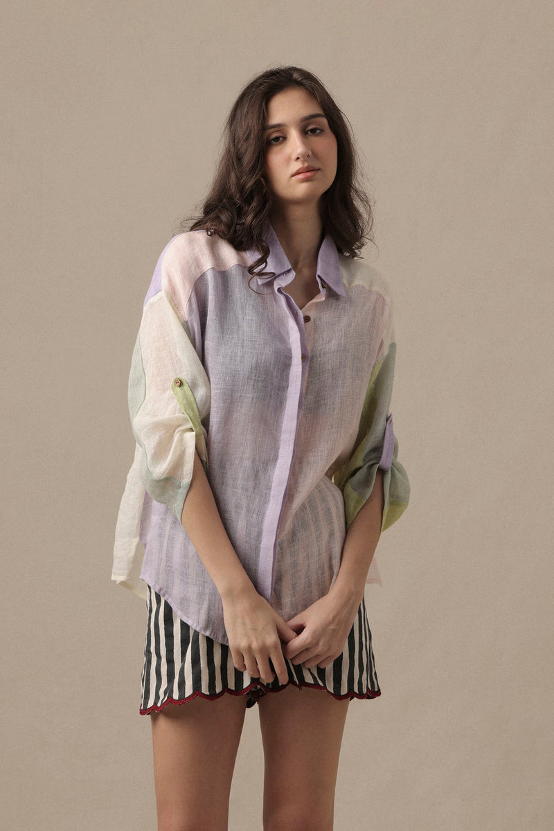 Linen Poker Shirt Set-2 PCS linen co-ord set by Mati in beige for women Worldwide