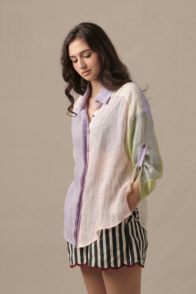 Linen Poker Shirt Set-2 PCS linen co-ord set by Mati in beige for women Worldwide