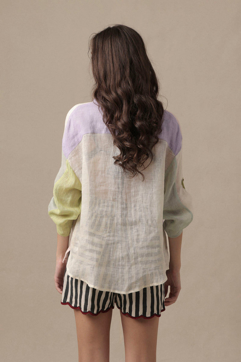 Linen Poker Shirt Set-2 PCS linen co-ord set by Mati in beige for women Worldwide
