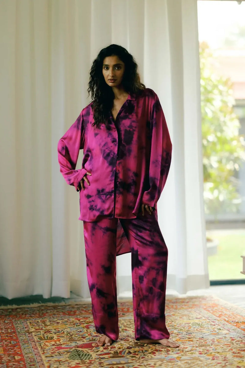 Liya Pajama Set satin by Ituvana in purple color for women Worldwide