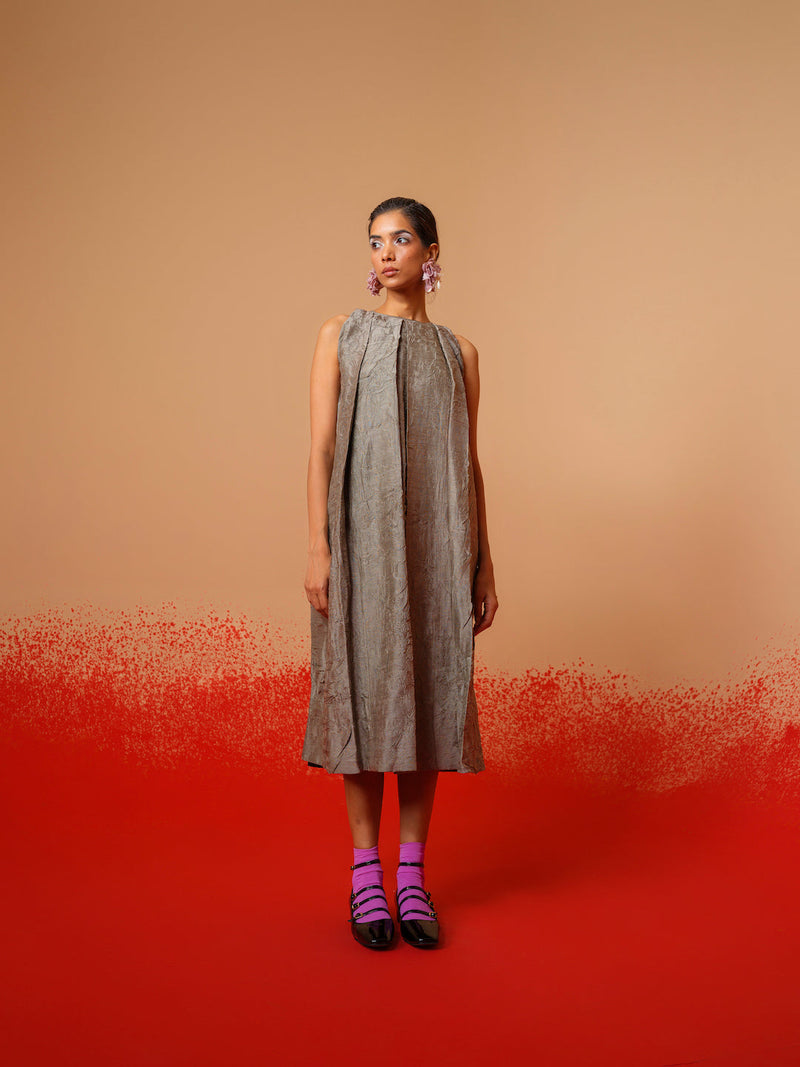 Stone Dress-Grey mysore silk dresses by Stoique in grey for women Worldwide
