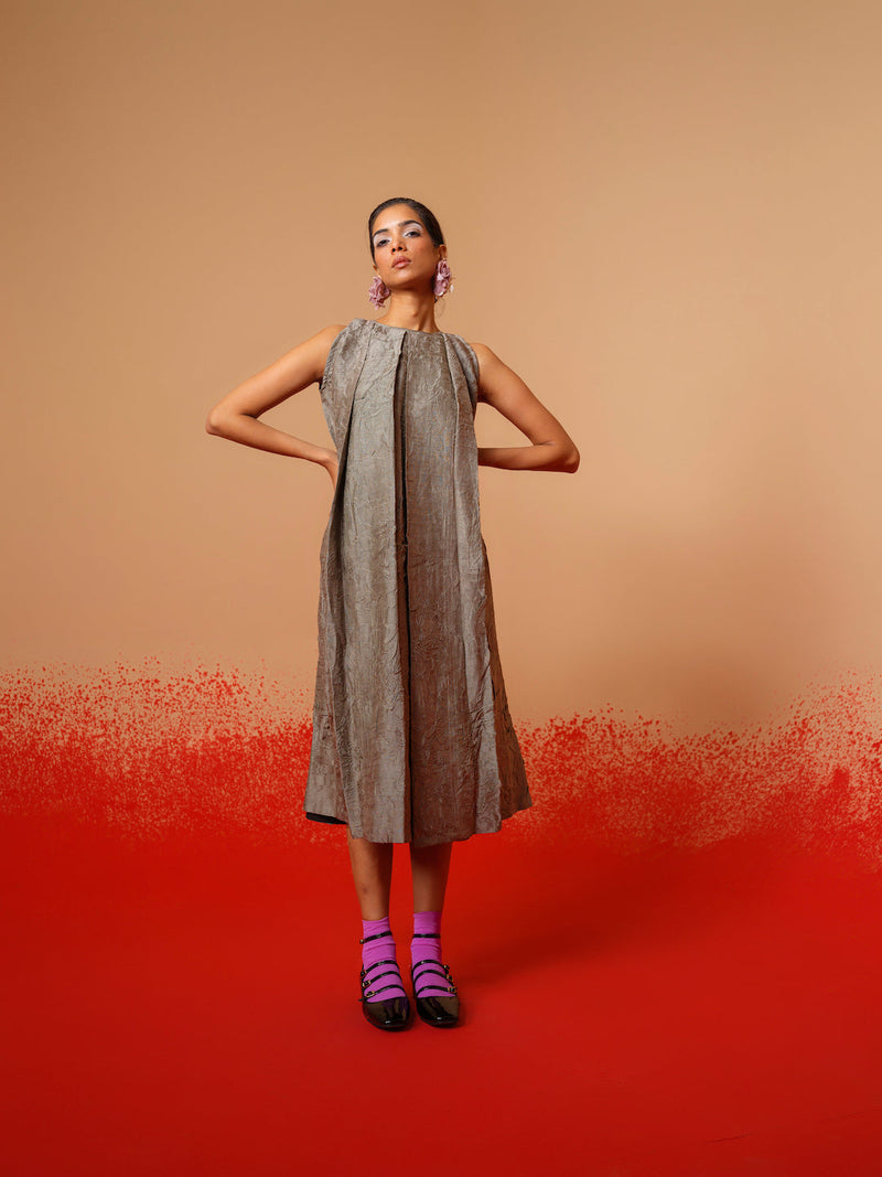 Stone Dress-Grey mysore silk dresses by Stoique in grey for women Worldwide