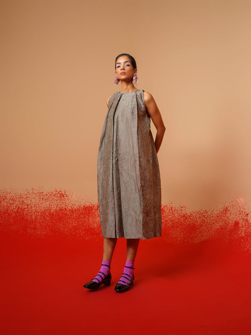Stone Dress-Grey mysore silk dresses by Stoique in grey for women Worldwide