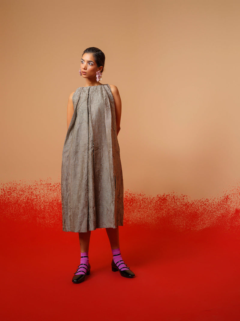 Stone Dress-Grey mysore silk dresses by Stoique in grey for women Worldwide