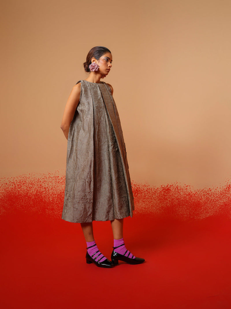 Stone Dress-Grey mysore silk dresses by Stoique in grey for women Worldwide