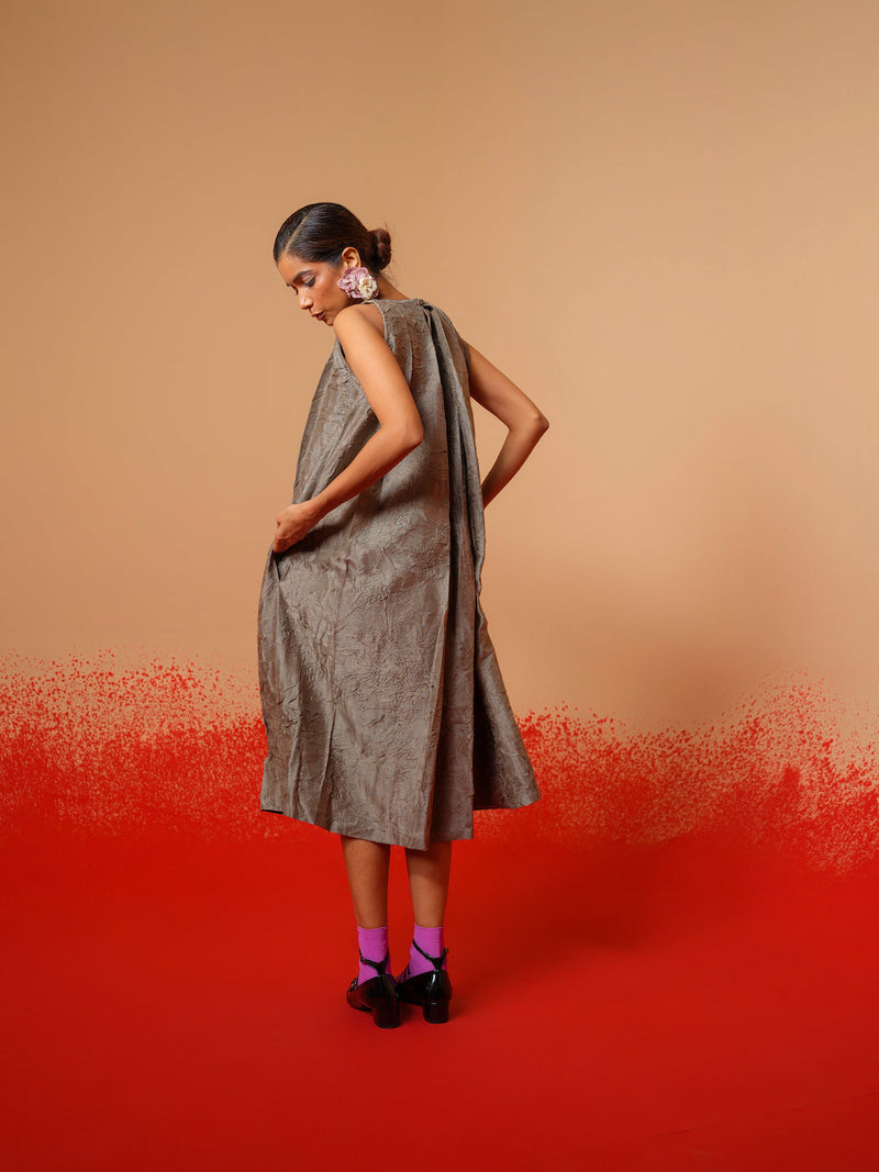 Stone Dress-Grey mysore silk dresses by Stoique in grey for women Worldwide
