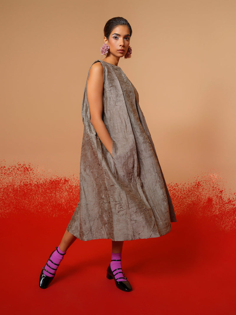 Stone Dress-Grey mysore silk dresses by Stoique in grey for women Worldwide