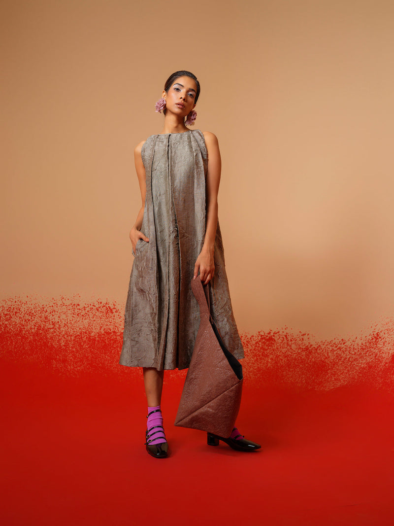 Stone Dress-Grey mysore silk dresses by Stoique in grey for women Worldwide