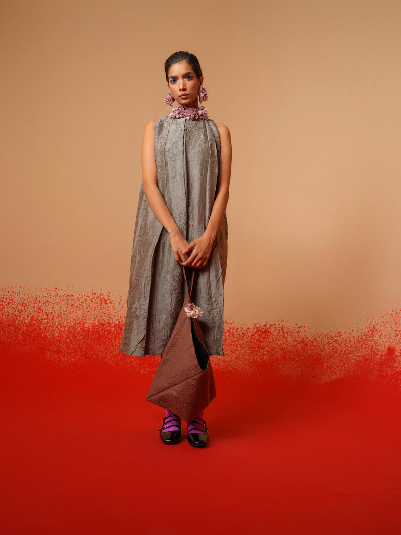Stone Dress-Grey mysore silk dresses by Stoique in grey for women Worldwide