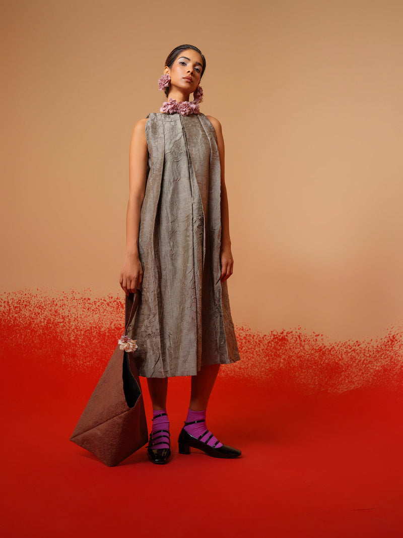 Stone Dress-Grey mysore silk dresses by Stoique in grey for women Worldwide