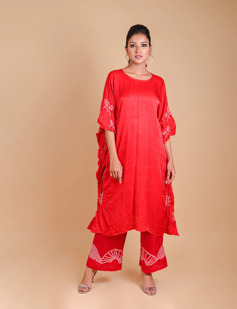 LOTUS KAFTAN-RED silk by Dyelogue in red color for women Worldwide