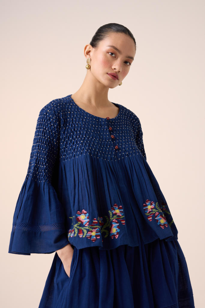 LOUIE SET -BLUE (LOUIE TOP + PINTUCK SKIRT) cotton by CORD in multi for women Worldwide