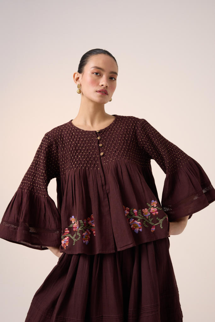 LOUIE SET -MAROON (LOUIE TOP+PINTUCK SKIRT ) cotton by CORD in multi for women Worldwide