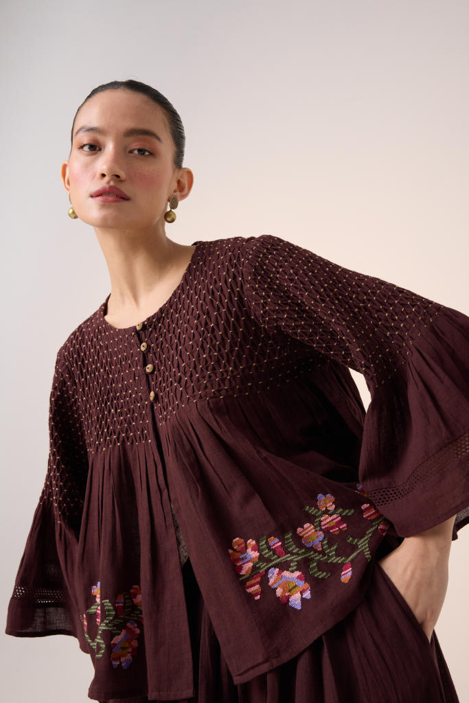 LOUIE SET -MAROON (LOUIE TOP+PINTUCK SKIRT ) cotton by CORD in multi for women Worldwide