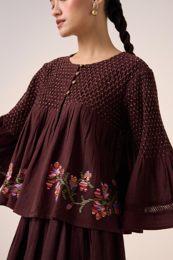 LOUIE SET -MAROON (LOUIE TOP+PINTUCK SKIRT ) cotton by CORD in multi for women Worldwide