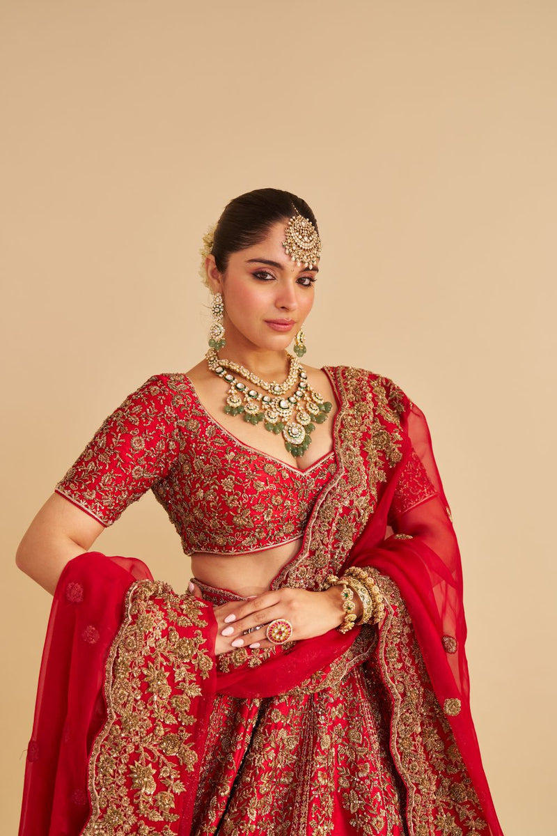 Mahanoor - Dabka Zardozi Embroidered Pure Silk Red Bridal Lehenga Set silk by SHEETAL BATRA in red color for women Worldwide