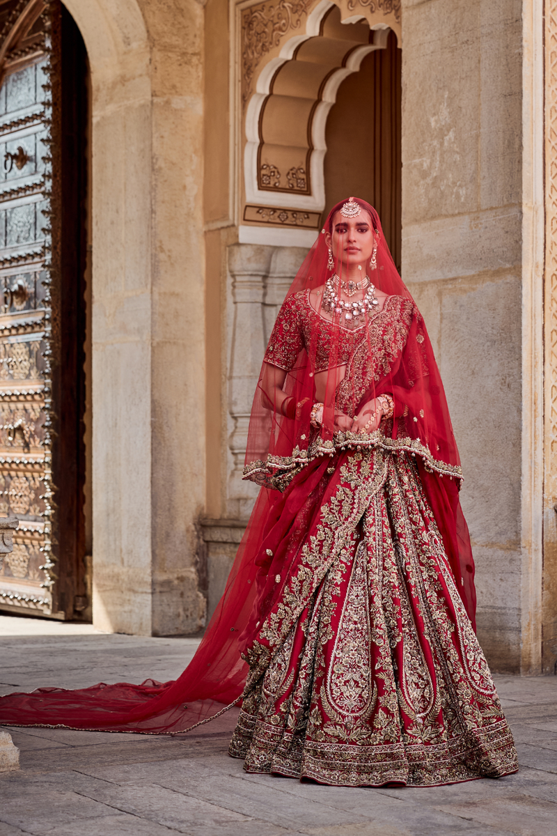 Mahanoor - Dabka Zardozi Embroidered Pure Silk Red Bridal Lehenga Set silk by SHEETAL BATRA in red color for women Worldwide