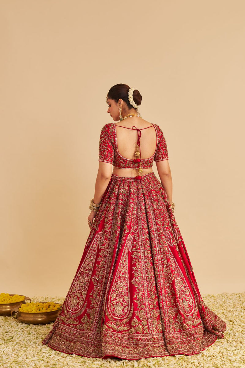 Mahanoor - Dabka Zardozi Embroidered Pure Silk Red Bridal Lehenga Set silk by SHEETAL BATRA in red color for women Worldwide
