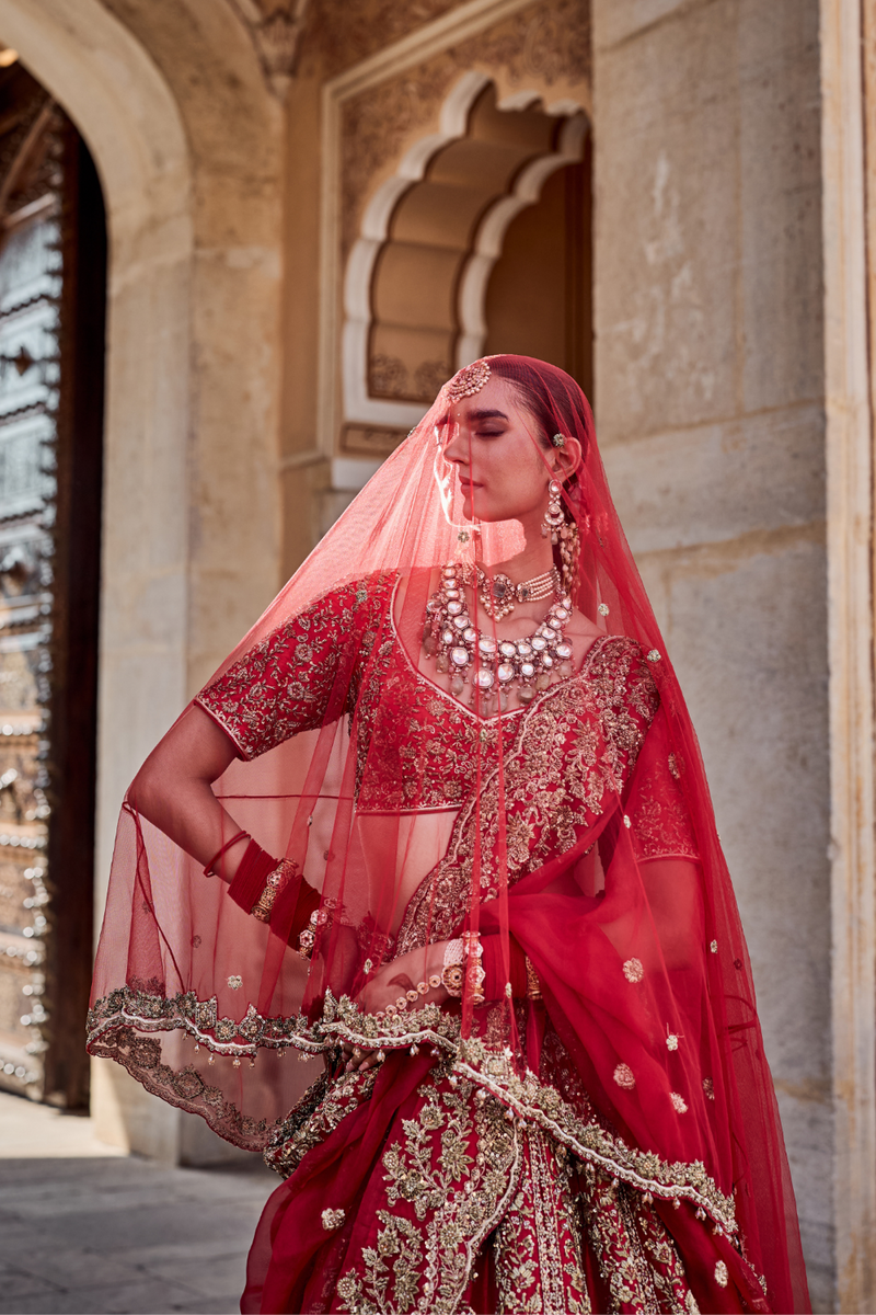 Mahanoor - Dabka Zardozi Embroidered Pure Silk Red Bridal Lehenga Set silk by SHEETAL BATRA in red color for women Worldwide
