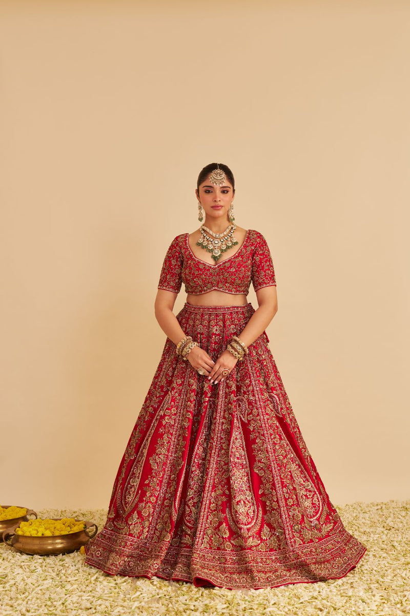 Mahanoor - Dabka Zardozi Embroidered Pure Silk Red Bridal Lehenga Set silk by SHEETAL BATRA in red color for women Worldwide