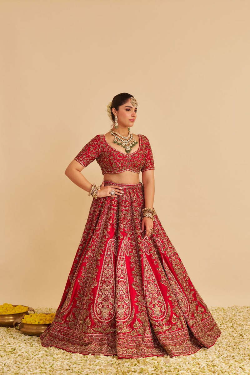 Mahanoor - Dabka Zardozi Embroidered Pure Silk Red Bridal Lehenga Set silk by SHEETAL BATRA in red color for women Worldwide