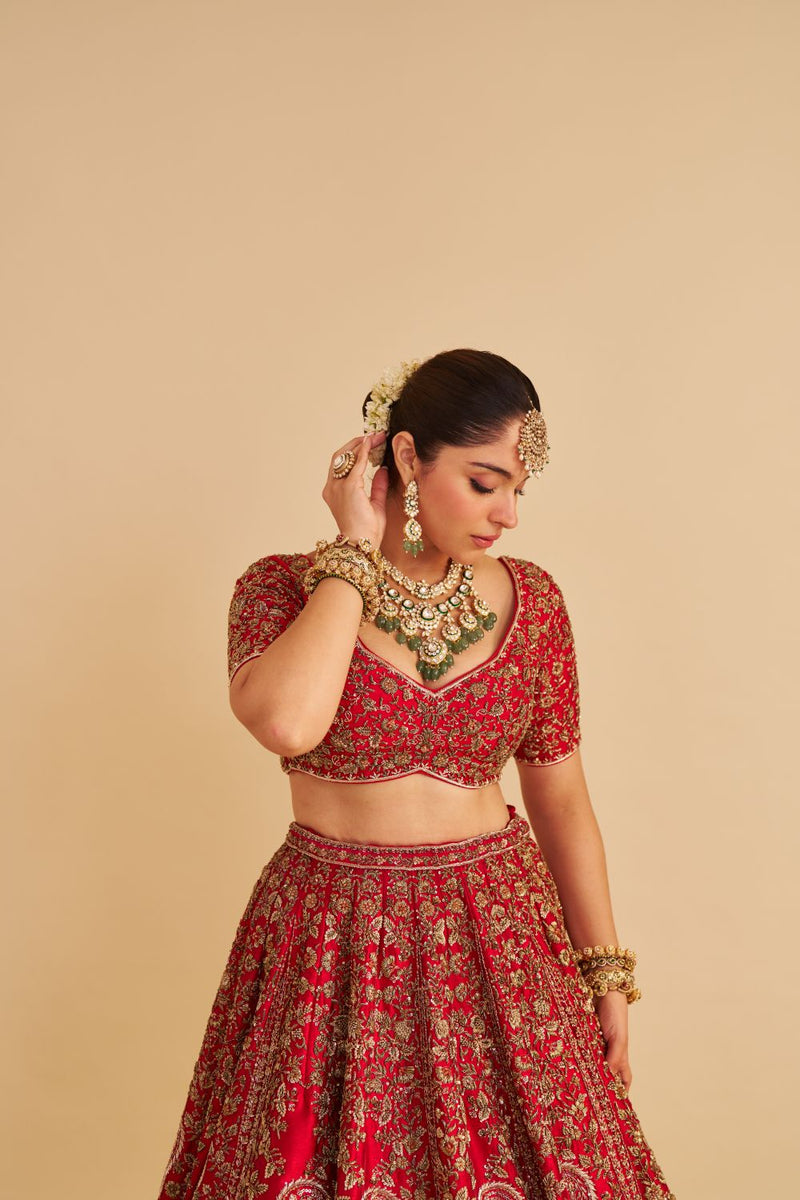 Mahanoor - Dabka Zardozi Embroidered Pure Silk Red Bridal Lehenga Set silk by SHEETAL BATRA in red color for women Worldwide