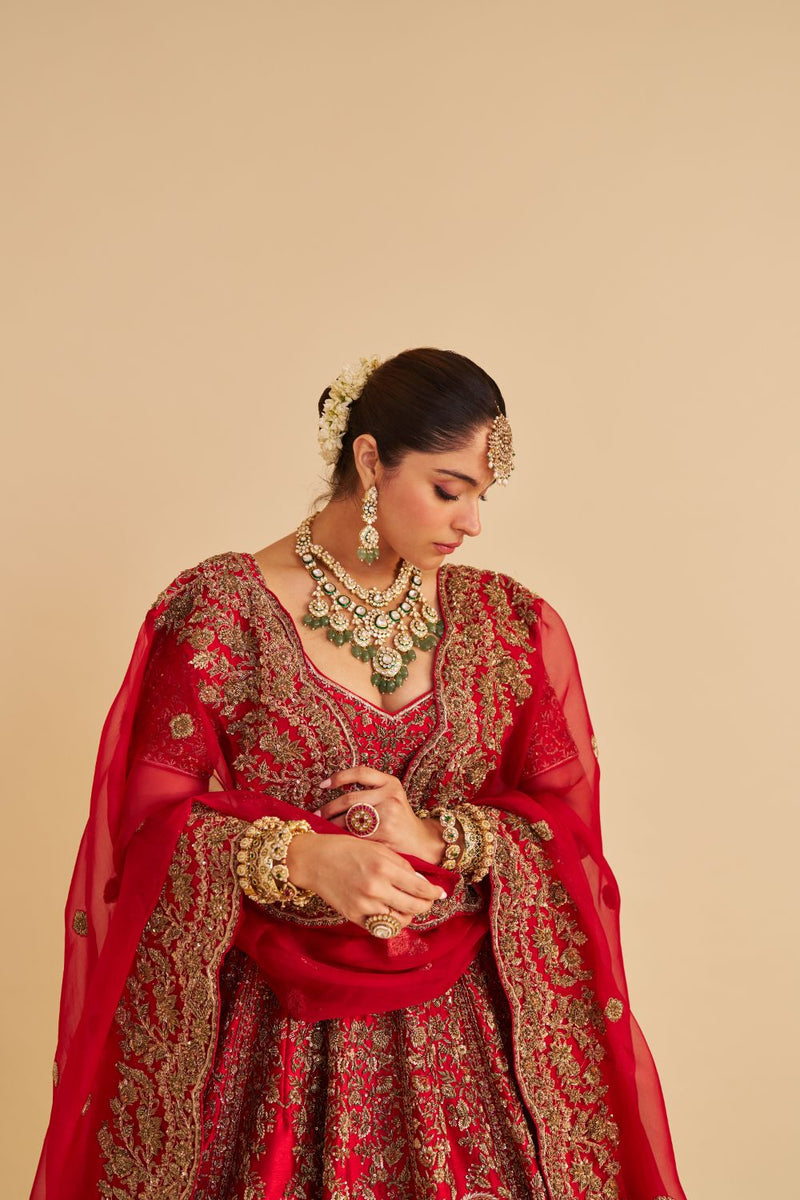 Mahanoor - Dabka Zardozi Embroidered Pure Silk Red Bridal Lehenga Set silk by SHEETAL BATRA in red color for women Worldwide
