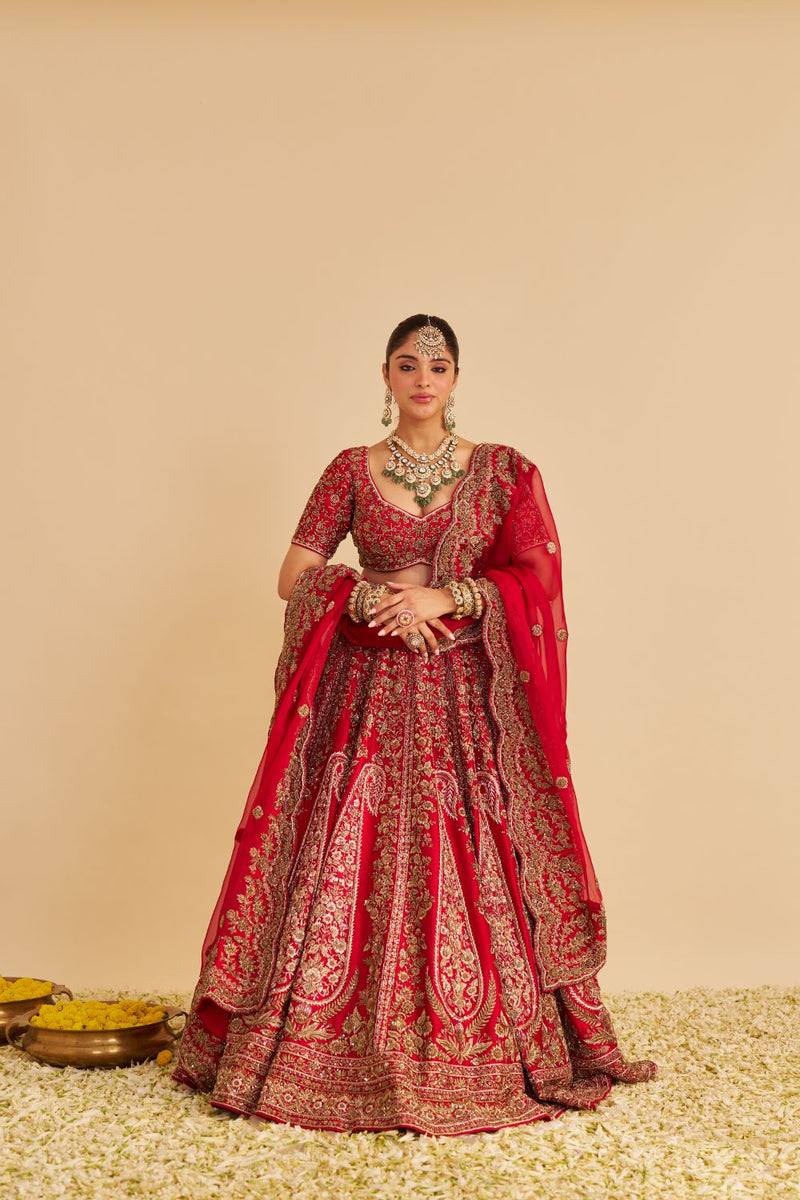 Mahanoor - Dabka Zardozi Embroidered Pure Silk Red Bridal Lehenga Set silk by SHEETAL BATRA in red color for women Worldwide