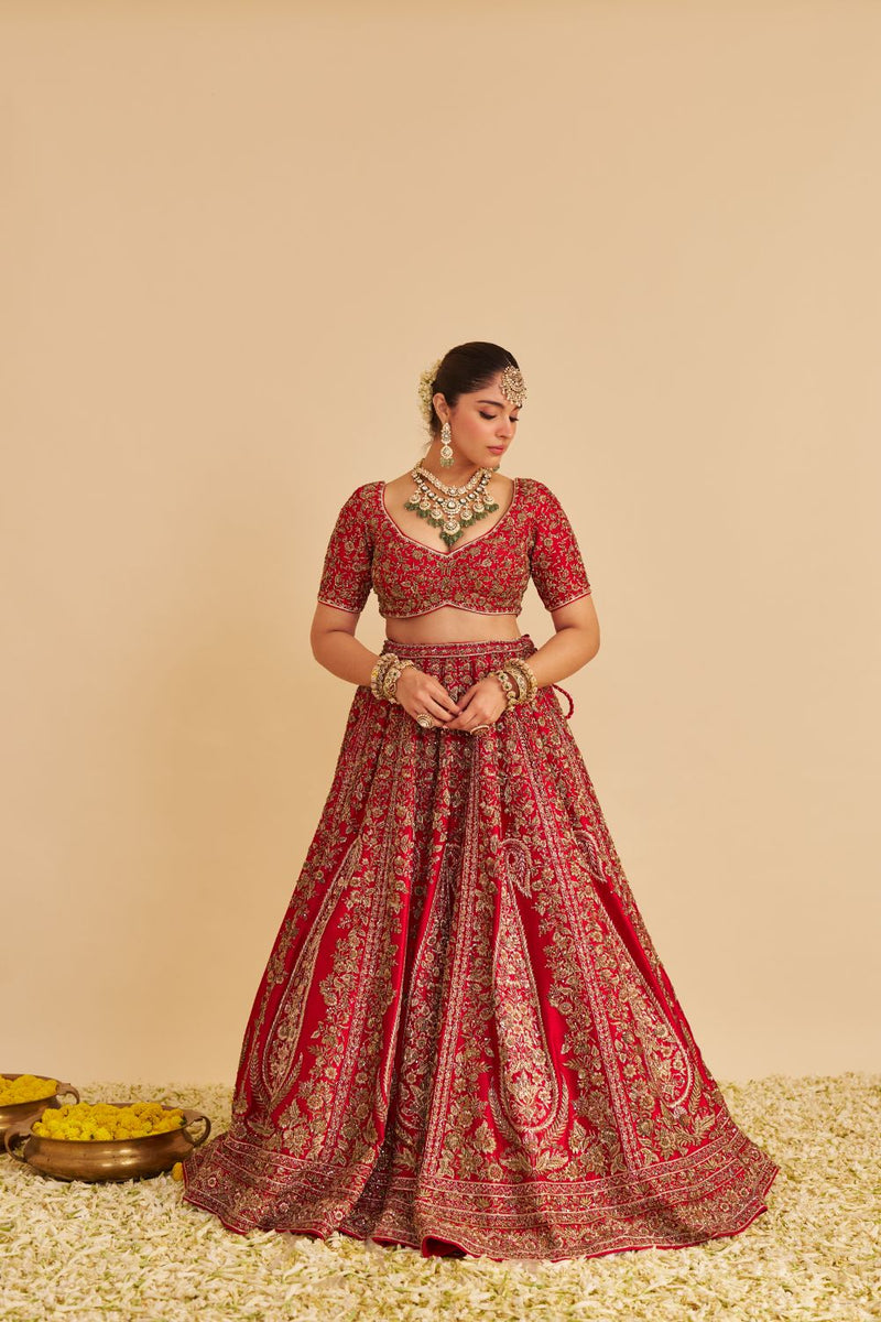 Mahanoor - Dabka Zardozi Embroidered Pure Silk Red Bridal Lehenga Set silk by SHEETAL BATRA in red color for women Worldwide