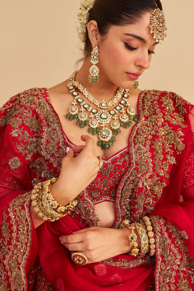 Mahanoor - Dabka Zardozi Embroidered Pure Silk Red Bridal Lehenga Set silk by SHEETAL BATRA in red color for women Worldwide