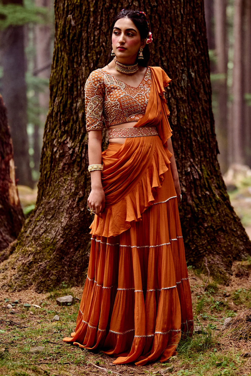 Maia Saree Set crepe by Paulmi & Harsh-kahan Sep'26 in orange for women Worldwide