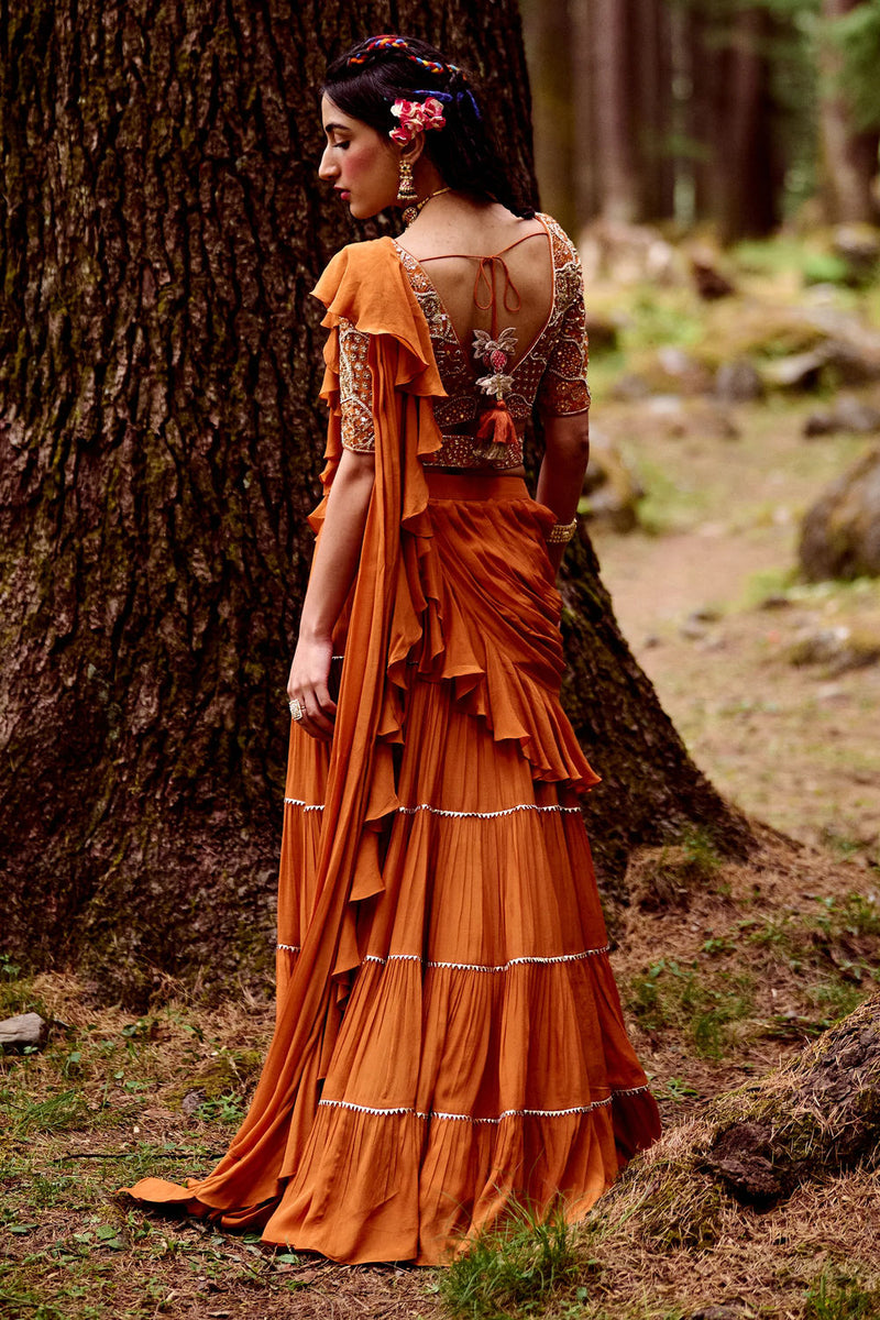 Maia Saree Set crepe by Paulmi & Harsh-kahan Sep'26 in orange for women Worldwide