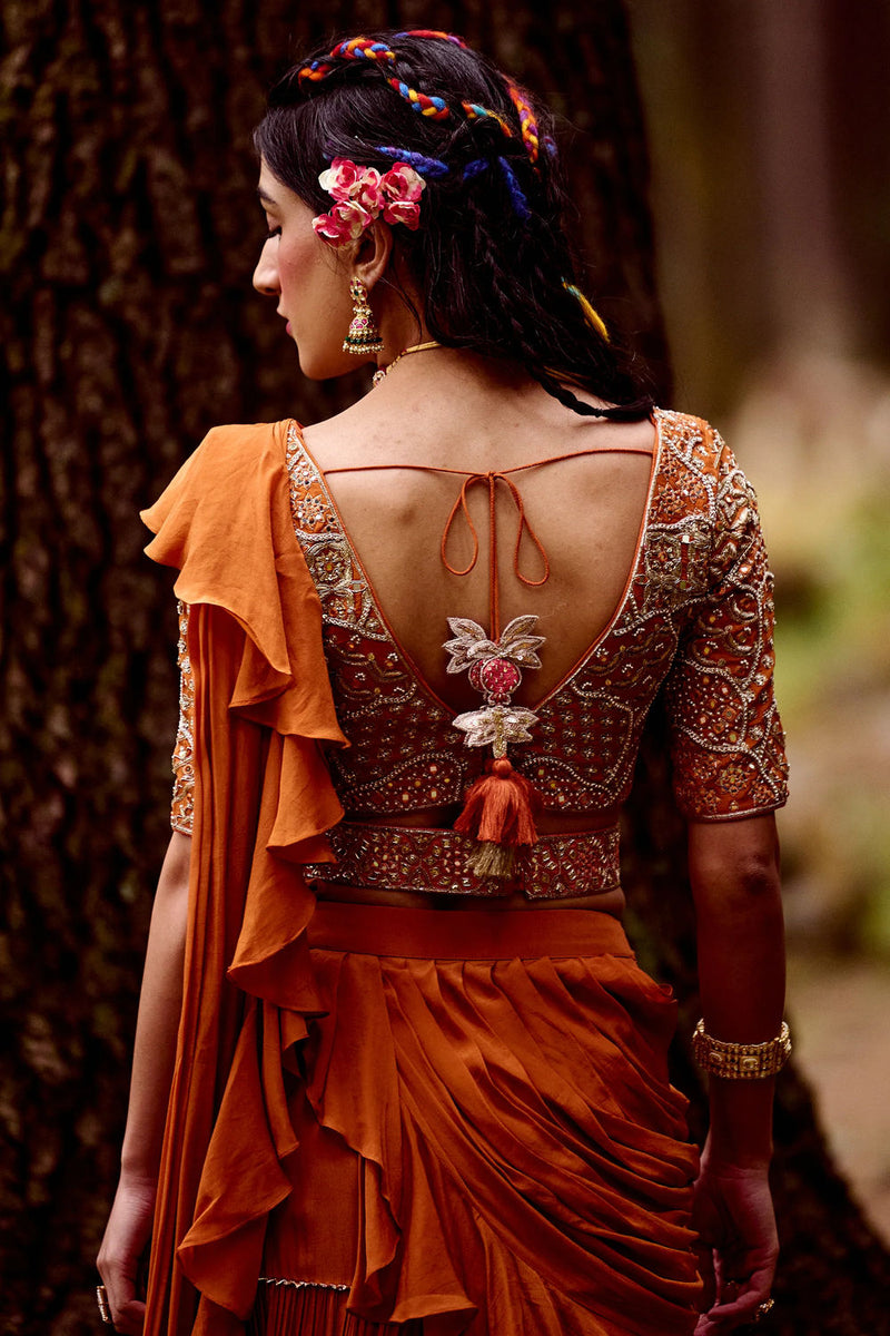 Maia Saree Set crepe by Paulmi & Harsh-kahan Sep'26 in orange for women Worldwide