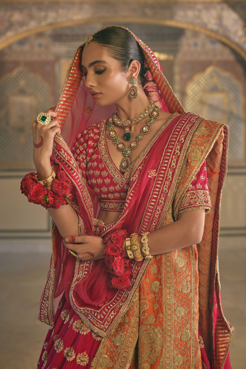 Maira - Dabka Zardozi Embroidered Raw Silk Hotpink Bridal Lehenga Set silk by SHEETAL BATRA in pink color for women Worldwide