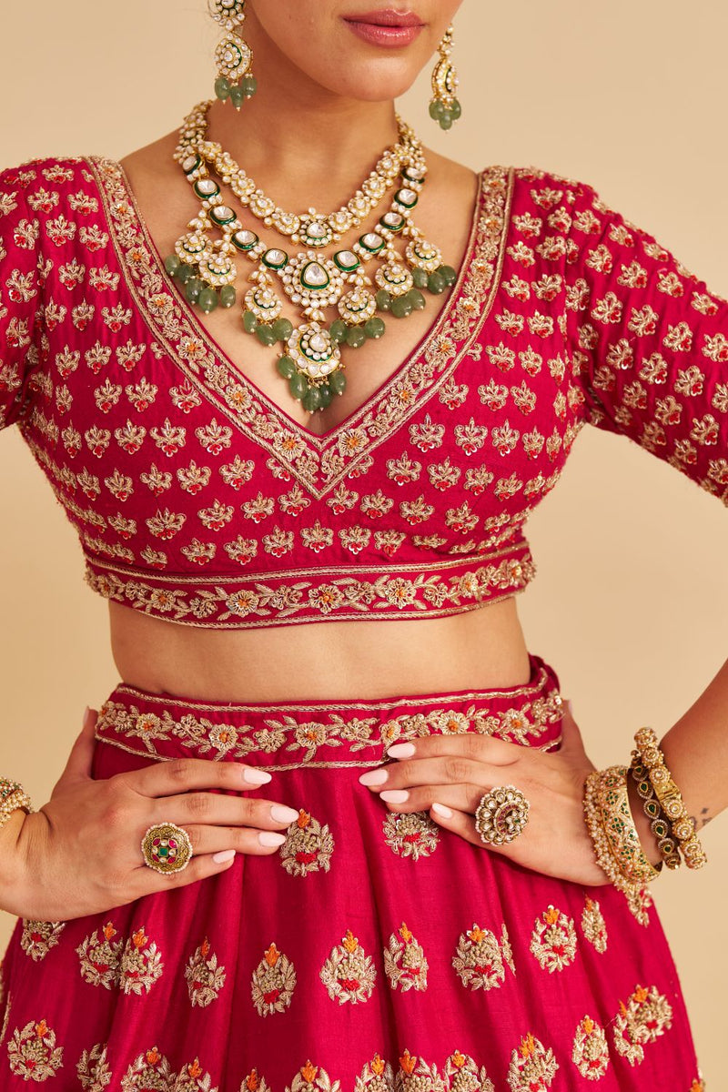 Maira - Dabka Zardozi Embroidered Raw Silk Hotpink Bridal Lehenga Set silk by SHEETAL BATRA in pink color for women Worldwide