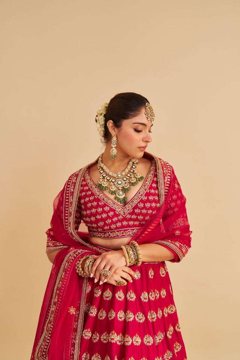 Maira - Dabka Zardozi Embroidered Raw Silk Hotpink Bridal Lehenga Set silk by SHEETAL BATRA in pink color for women Worldwide