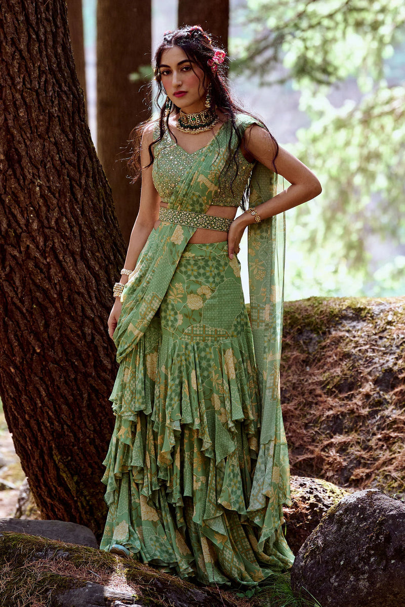 Malika Saree Set georgettte by Paulmi & Harsh-kahan Sep'26 in green for women Worldwide