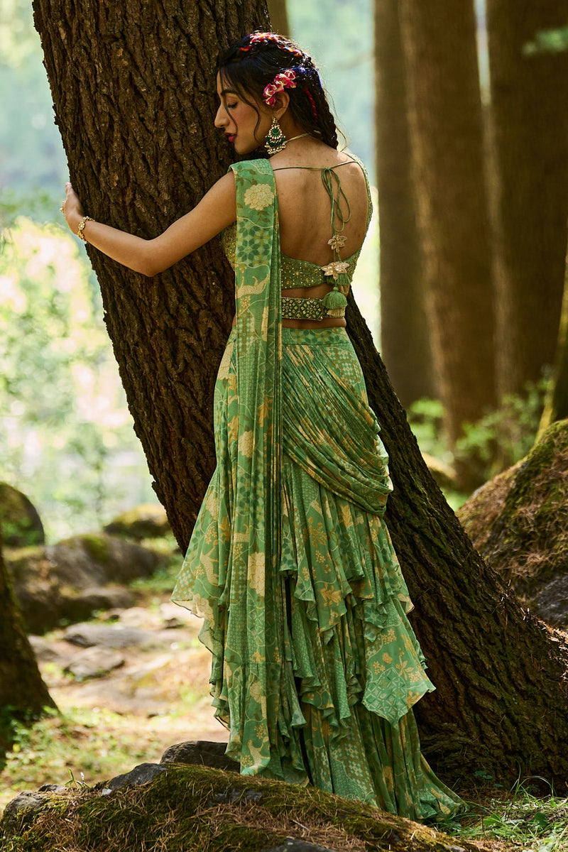 Malika Saree Set georgettte by Paulmi & Harsh-kahan Sep'26 in green for women Worldwide