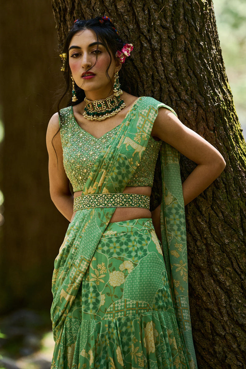 Malika Saree Set georgettte by Paulmi & Harsh-kahan Sep'26 in green for women Worldwide