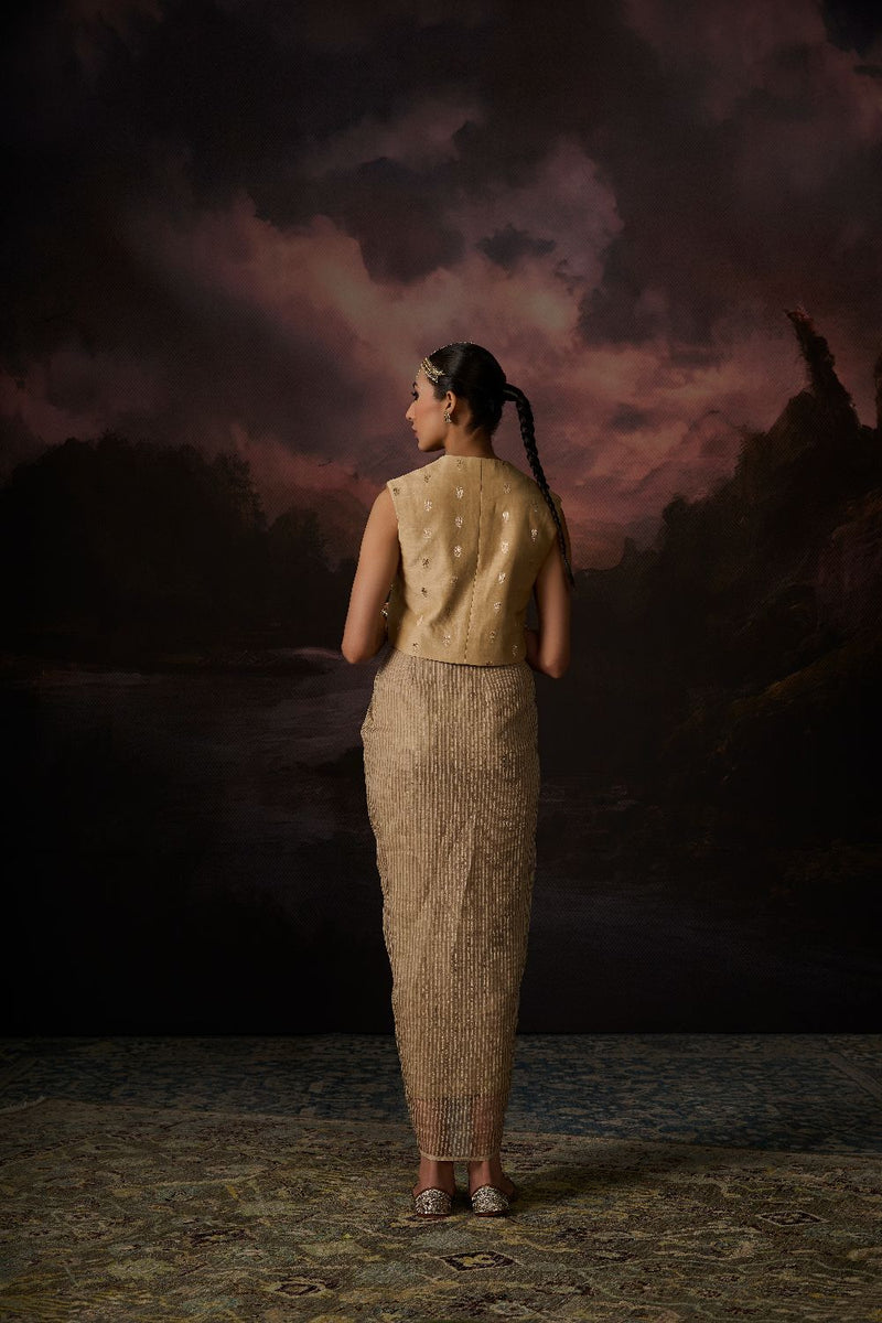 MALIK GILET chanderi by SWATTI KAPOOR in gold color for women Worldwide