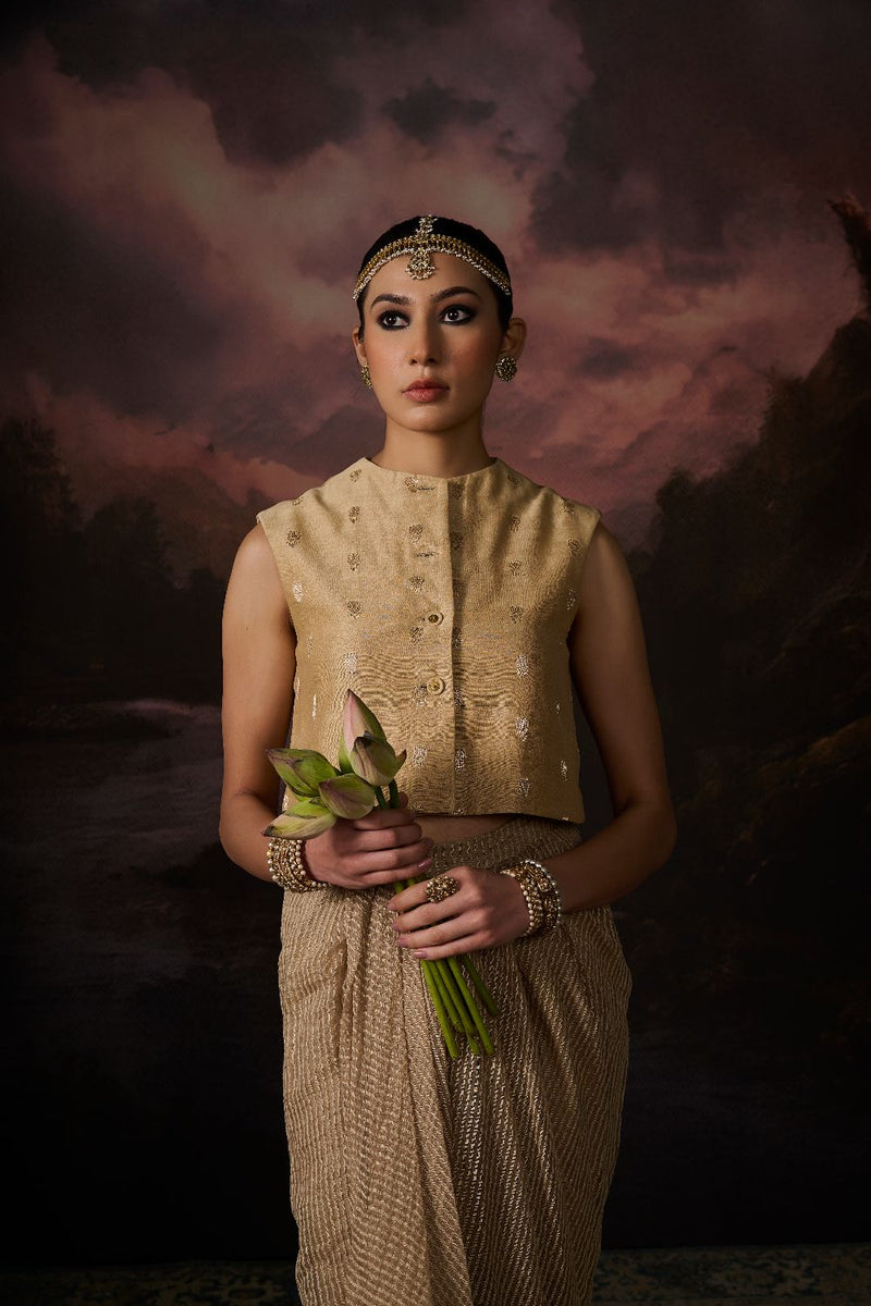 MALIK GILET chanderi by SWATTI KAPOOR in gold color for women Worldwide