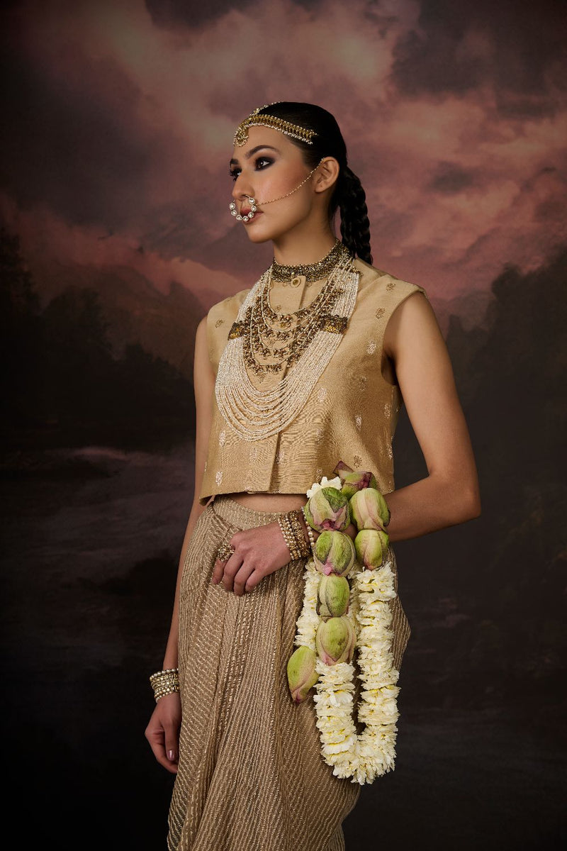 MALIK GILET chanderi by SWATTI KAPOOR in gold color for women Worldwide