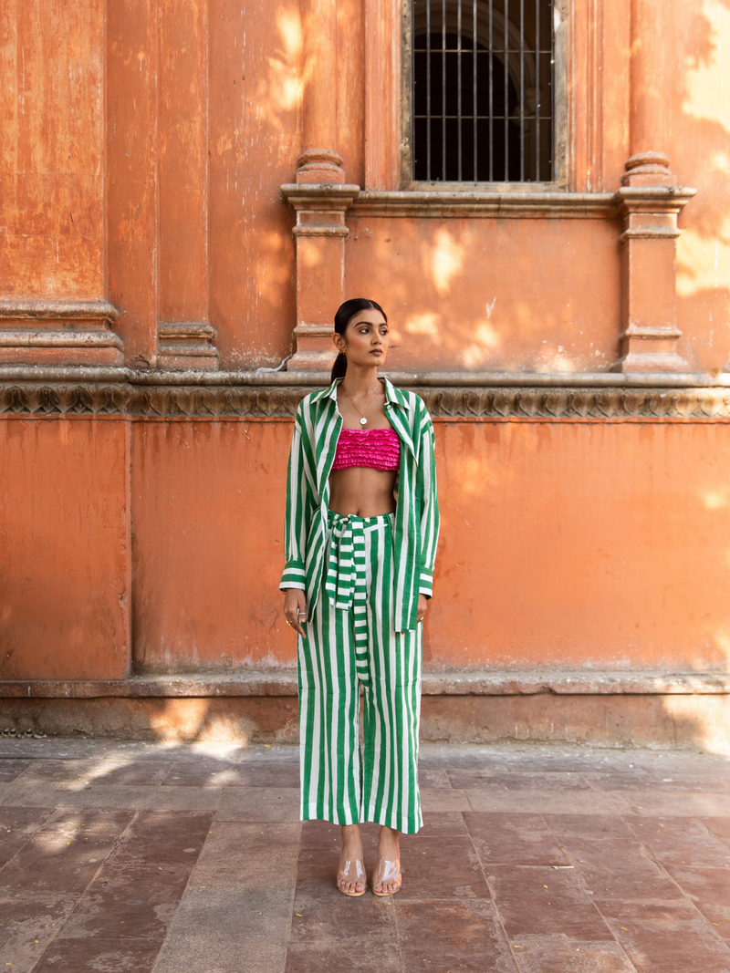 Envy In Green Stripes Co-Ord Set - Striped Cotton Co-Ord Set cotton Co-ord Set by Marche in green color for women Worldwide